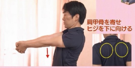 NHKあさイチの自分で治す腰痛特集！理学療法士が指導する肩甲骨の動かし方。肩甲骨を寄せて肘を下に向ける