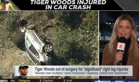 タイガーウッズの主な怪我経歴は？2021年2月の交通事故を伝えるESPNニュースと大破した車