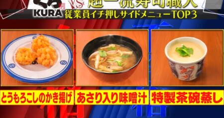 ジョブチューン くら寿司人気サイドメニューランキングベスト3 とうもろこしのかき揚げ、味噌汁、茶碗蒸し