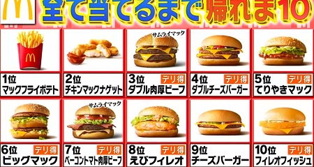 帰れま10 21 マックメニューランキングベスト10結果はデリ得がカギ パーフェクト達成は