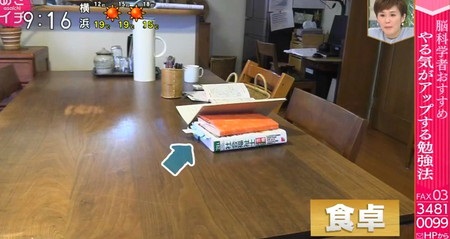 NHKあさイチ 脳科学的に使える大人の勉強法 家中どこでも勉強法 食卓に教科書などの勉強セット