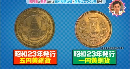 チコちゃん 五円玉 昭和23年発行の五円、一円黄銅貨