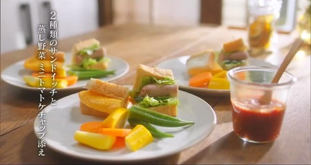 朝ごはんラボレシピ 2種類のサンドイッチと蒸し野菜ミニトマトケチャップ添え
