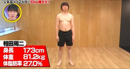 アピールちゃんダイエット 三四郎相田のトレーニング前体重と体脂肪率