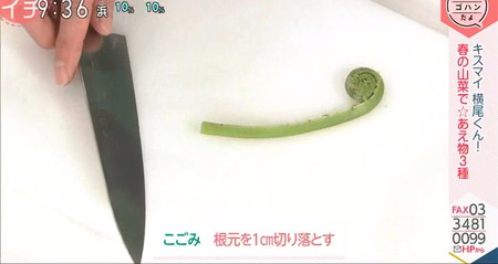 あさイチ 横尾渉レシピ 山菜和え物3種 こごみは根元を切って変色防止