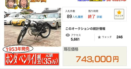 宝の山2026の旧車オークション結果 ホンダベンリイJ型は74万円